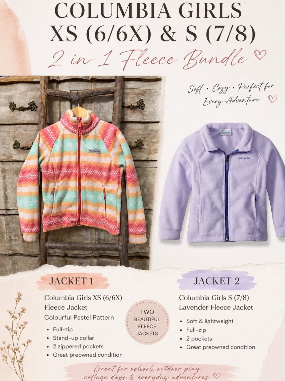 Columbia Girls Pastel Striped & Lavender Fleece Jackets Bundle XS 6/6X, S 7/8